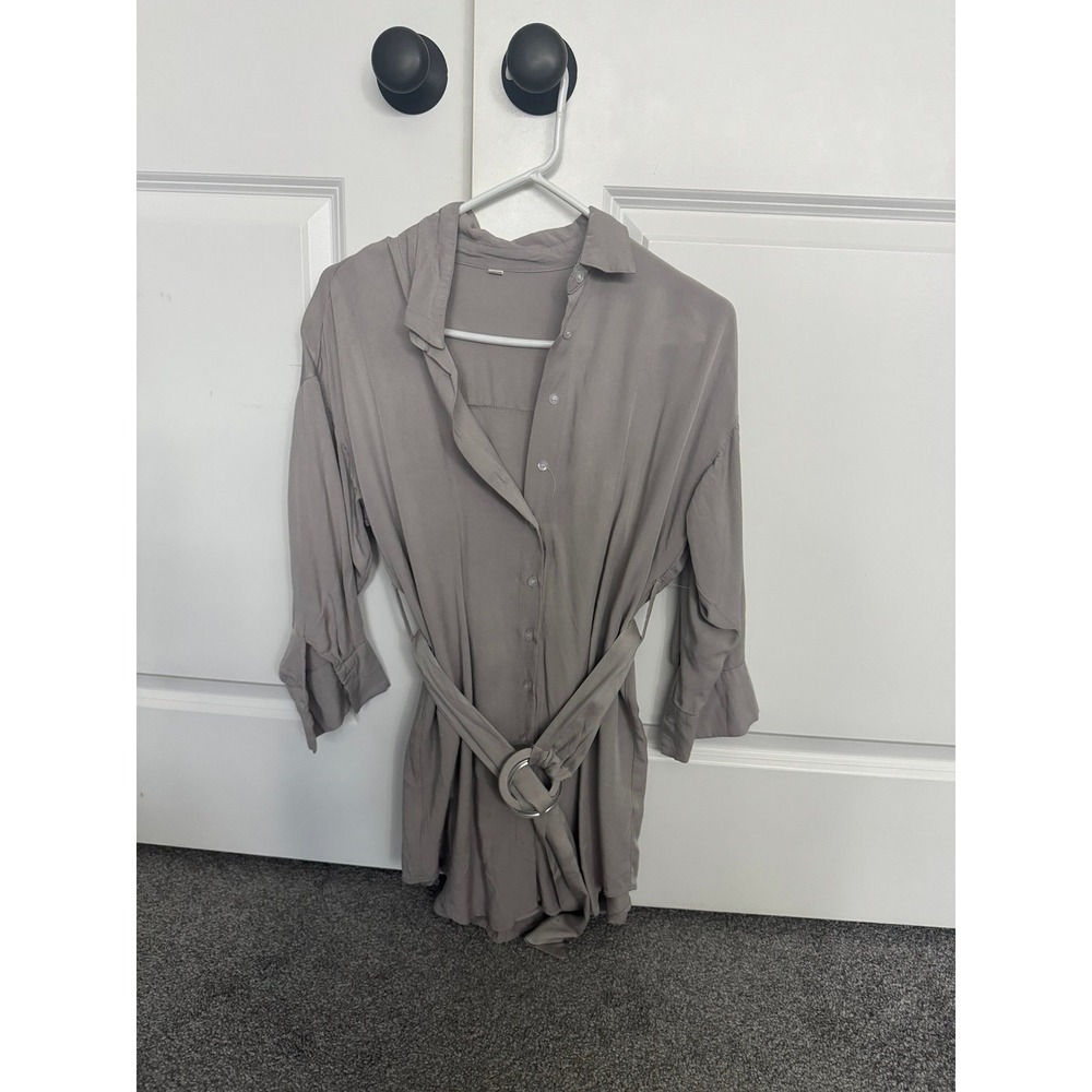 Oversized Button Up Blouse with O-Ring Belt Taupe Gray Longline Tunic Small